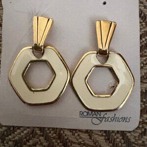 Roman Fashions pieced earrings-Gold tone with white enamel